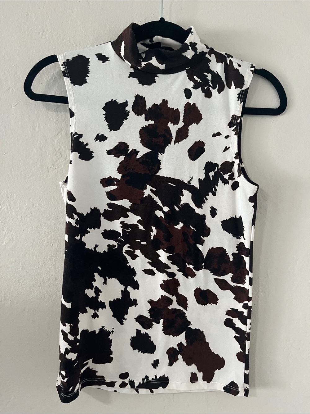 Mock Neck Sleeveless Tank Top in White & Dark Brown Cow Print